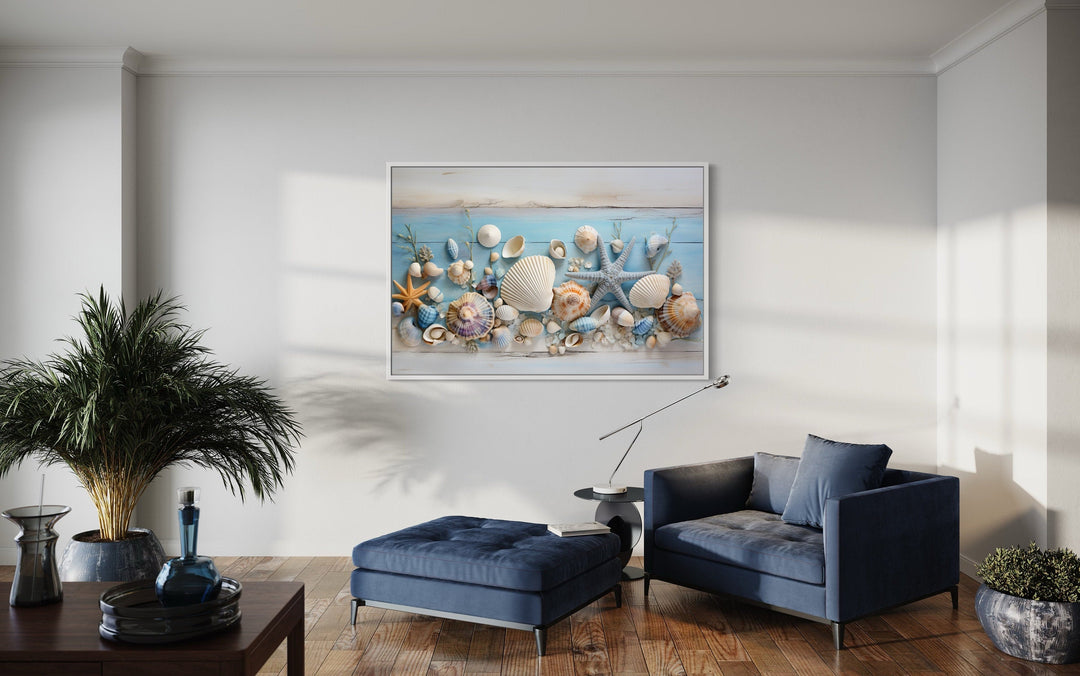 Seashells Painting On Blue Wood Coastal Wall Art For Beach House