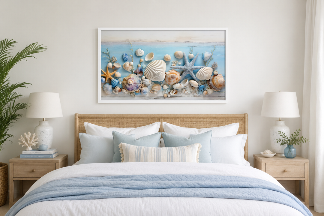 Seashells painting on blue wood coastal wall art hanging above a bed in a beach house bedroom.