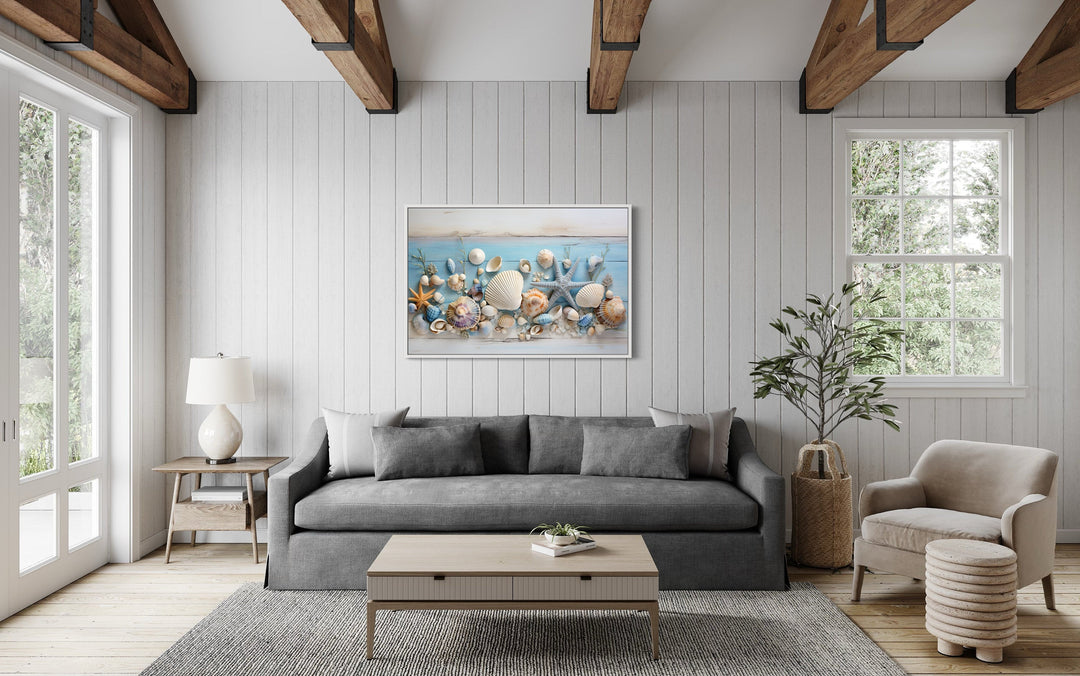 Seashells Painting On Blue Wood Coastal Wall Art For Beach House