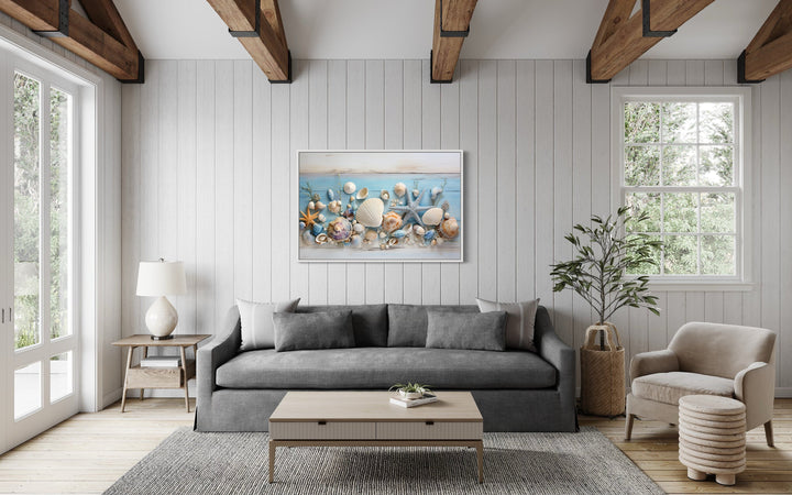 Seashells Painting On Blue Wood Coastal Wall Art For Beach House