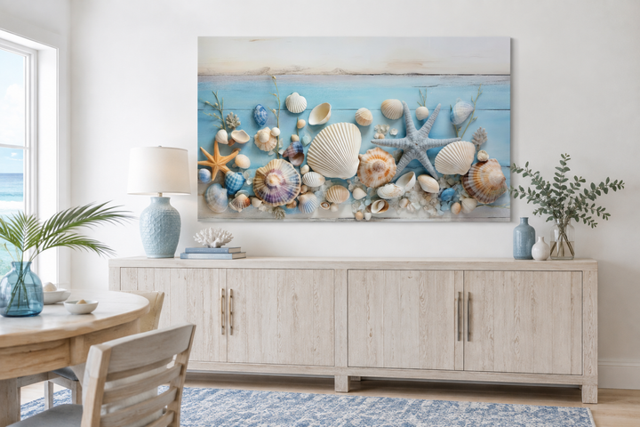 Seashells painting on blue wood coastal wall art displayed above a sideboard in a beach house room.
