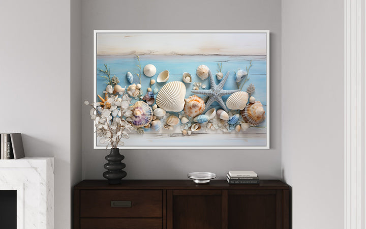 Seashells Painting On Blue Wood Coastal Wall Art For Beach House