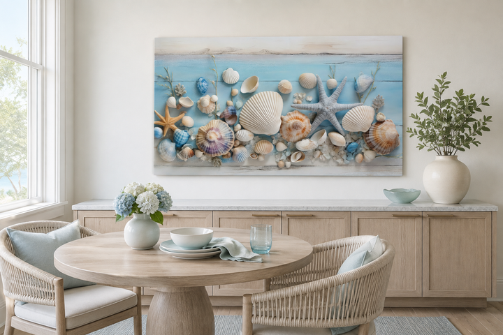 Seashells painting on blue wood coastal wall art displayed in a bright, modern dining room.