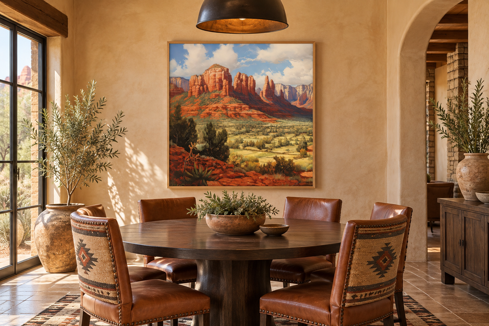Sedona Arizona desert landscape framed canvas wall art featuring red rock formations in a room.