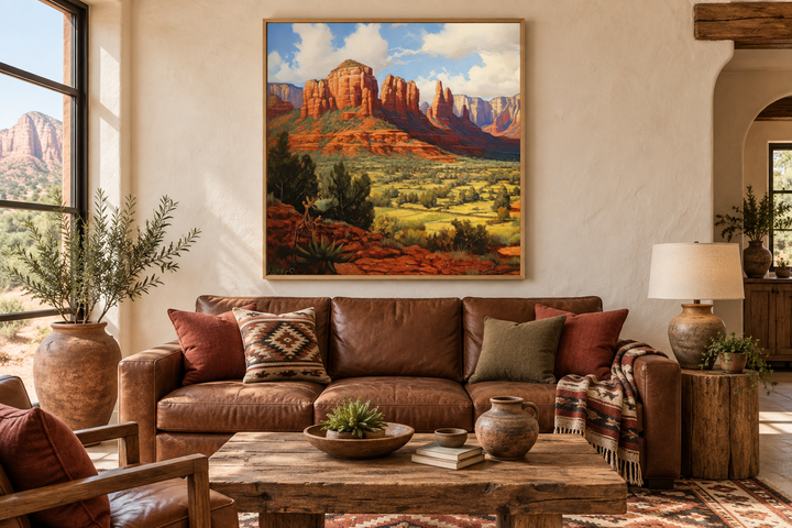 Sedona Arizona desert landscape framed canvas wall art above a brown leather sofa in a rustic room.
