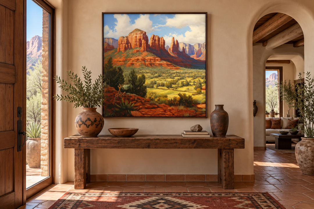 Sedona Arizona desert landscape framed canvas wall art featuring red rock formations and greenery.