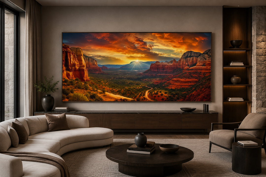 Framed Sedona sunset canvas art featuring vibrant red rocks and a golden sun over a desert valley.