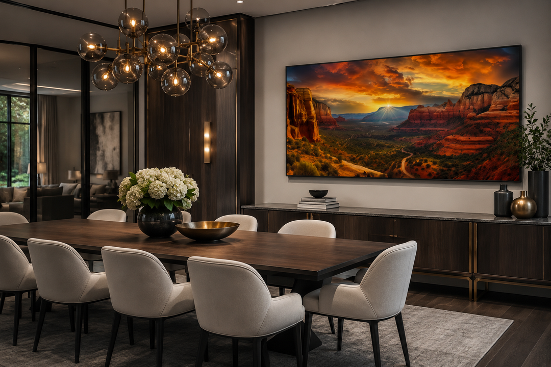 Framed Sedona sunset canvas wall art depicting red rock formations in a modern dining room.