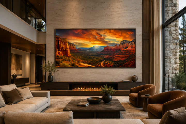 Large framed Sedona sunset canvas print above a fireplace in a modern living room.