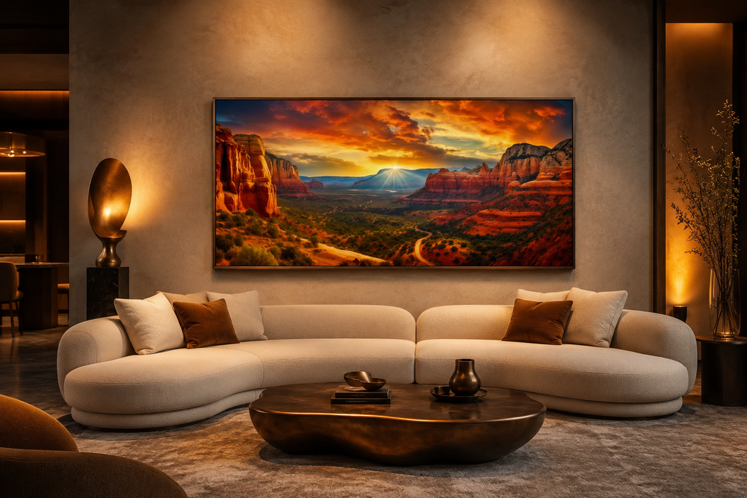 Framed Sedona sunset canvas art showing red rock formations above a modern curved sofa.