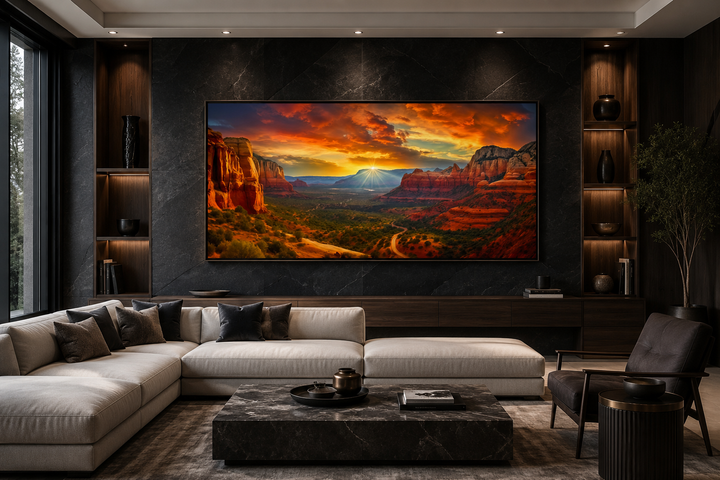 Framed Sedona sunset canvas wall art featuring vibrant red rock formations in a modern living room.