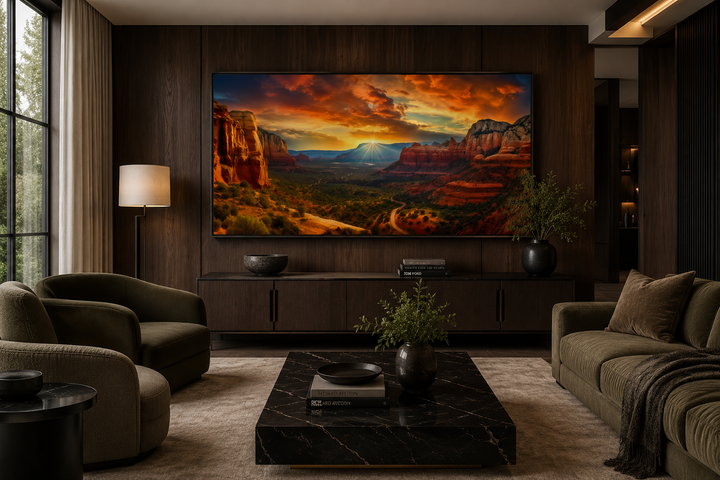 Framed Sedona sunset canvas wall art depicting red rock formations in a modern living room.