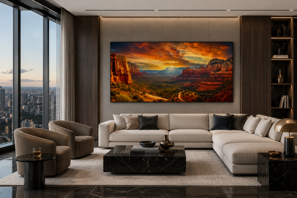 Framed Sedona sunset canvas art above a modern sofa in a contemporary living room.