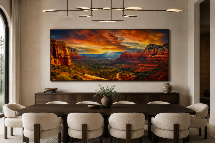 Framed Sedona sunset canvas art above a dining table, featuring vibrant red rocks and desert valley.