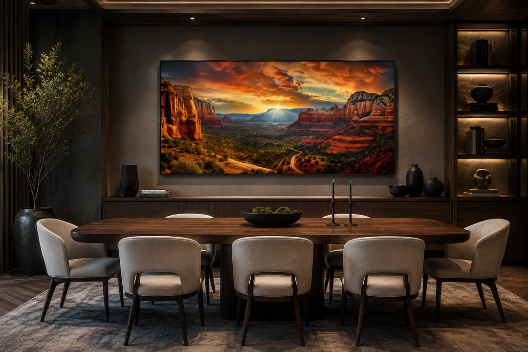Framed Sedona sunset canvas wall art featuring vibrant red rocks and a desert landscape.