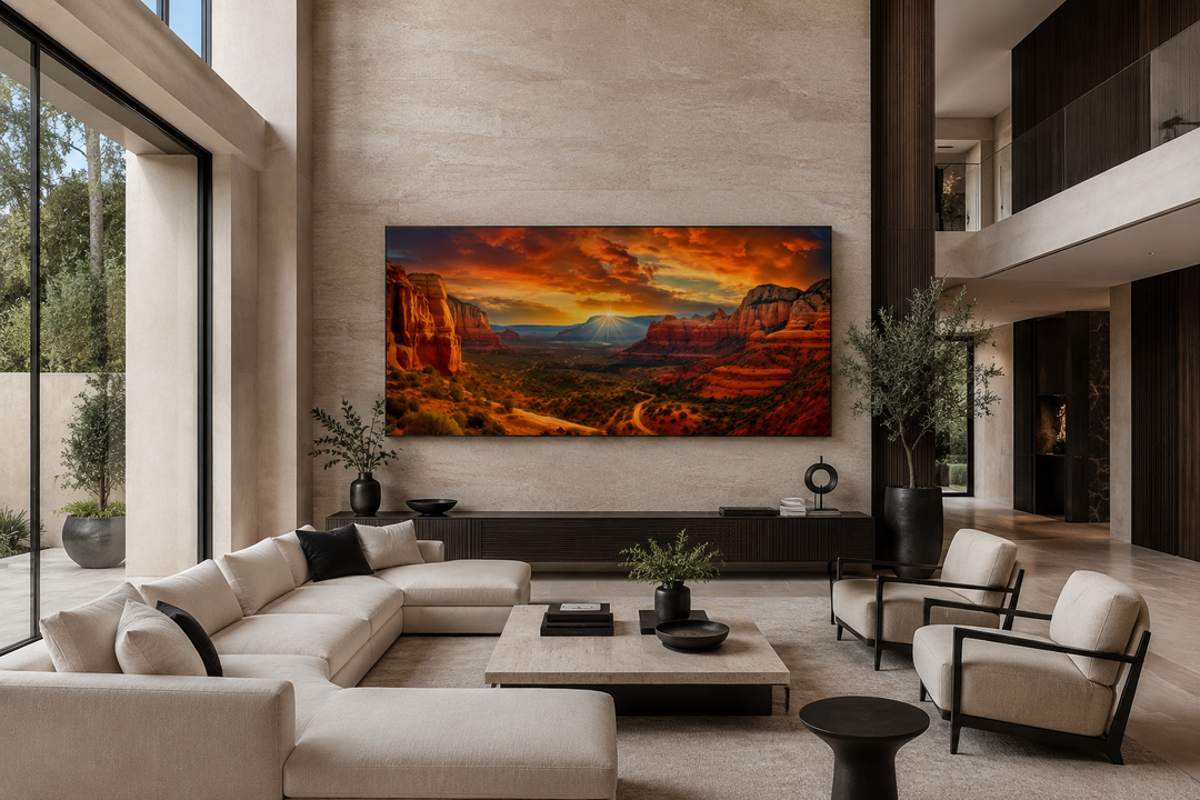 Sedona Sunset Canvas framed wall art featuring vibrant red rocks and a desert landscape at sunset.