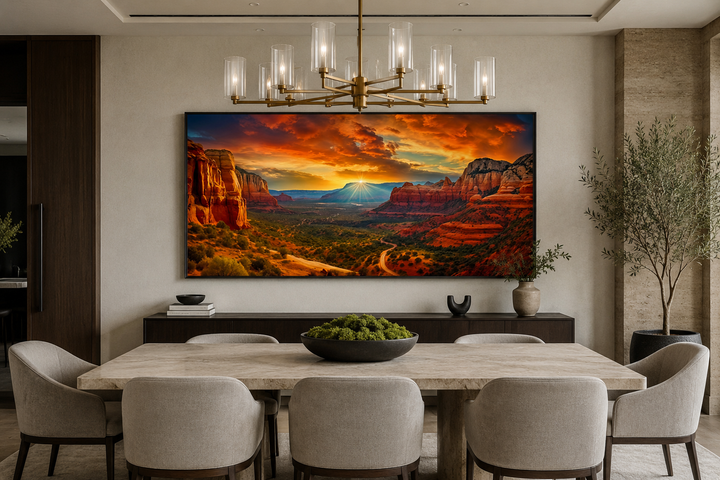 Framed Sedona sunset canvas wall art hanging in a modern dining room above a dark wood sideboard.