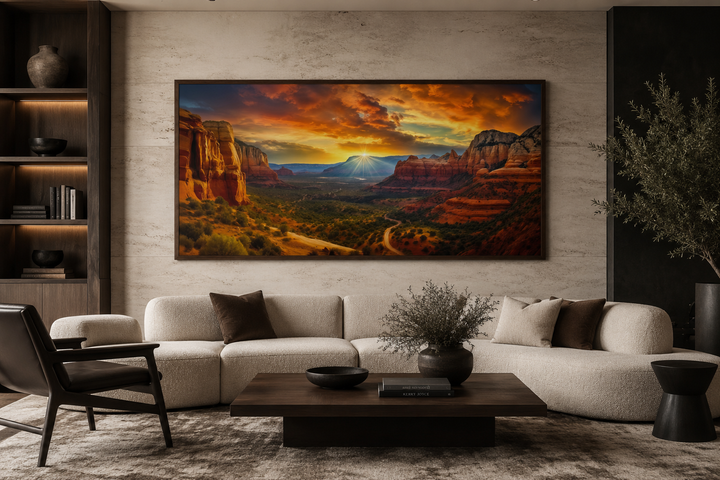 Framed panoramic canvas print of a vibrant Sedona sunset over red rock formations in a modern room.