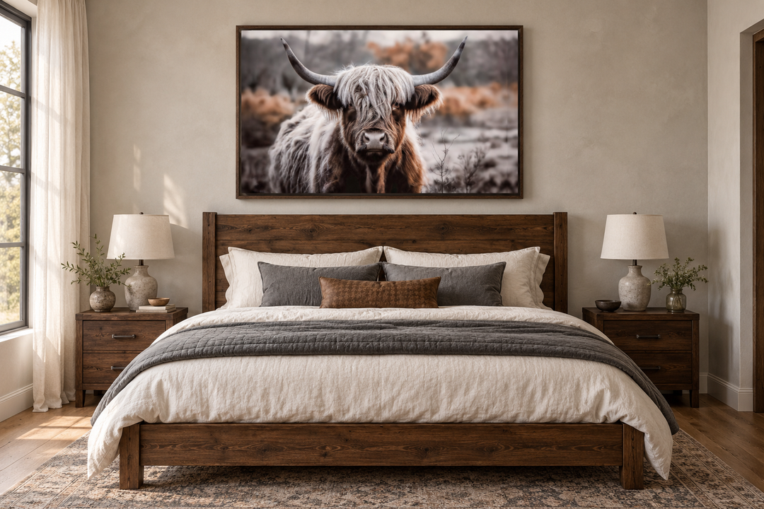Highland cow photography framed canvas wall art in sepia colors above a wooden bed.