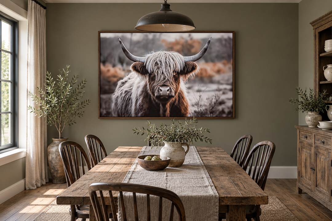 Highland cow photography framed canvas wall art in sepia tones above a rustic dining table.