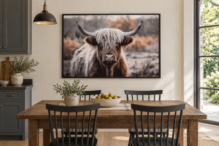 Highland cow photography framed canvas wall art in sepia tones above a rustic dining table.