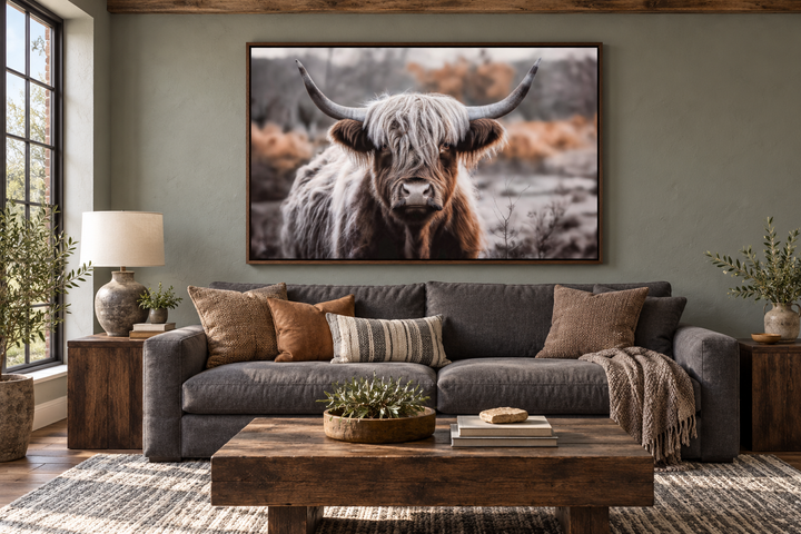 Highland cow photography framed canvas wall art in sepia colors above a sofa in a rustic living room