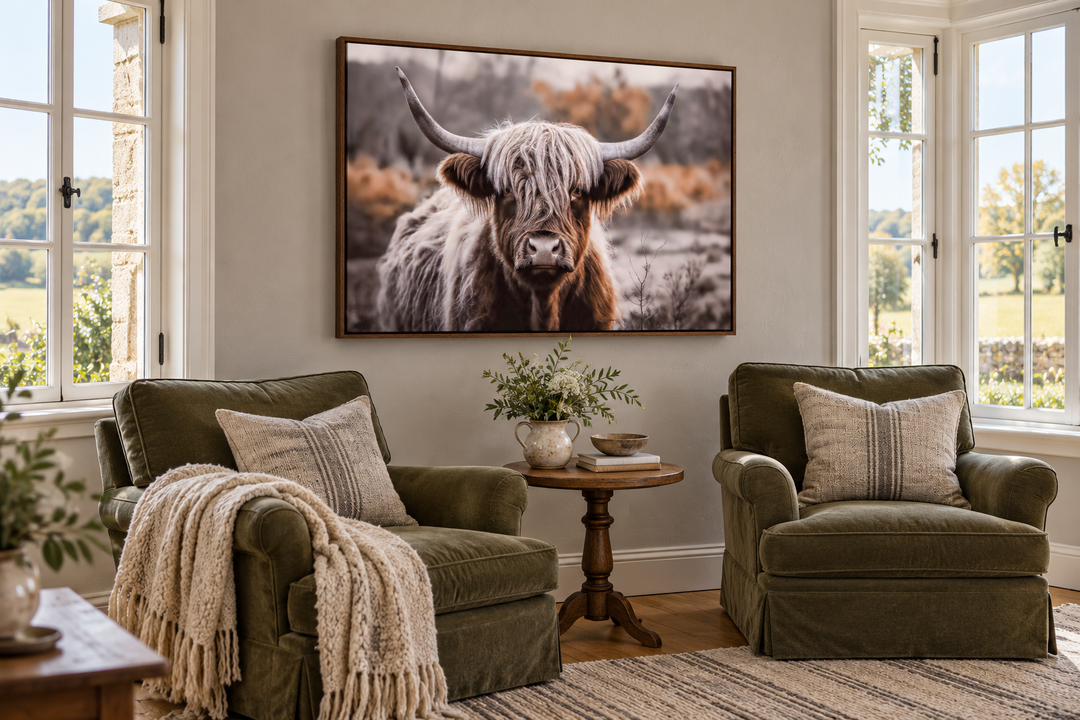Highland cow photography framed canvas wall art in sepia colors above two green armchairs.
