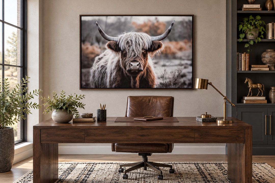 Framed sepia highland cow canvas wall art hanging above a walnut desk in a home office.