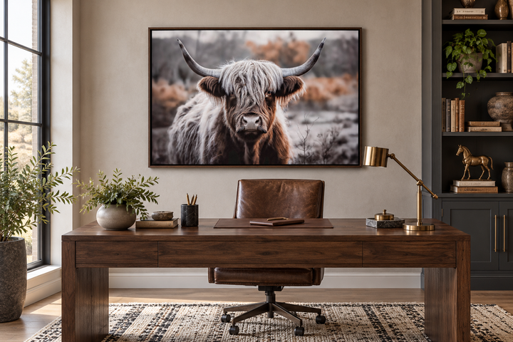Framed sepia highland cow canvas wall art hanging above a walnut desk in a home office.