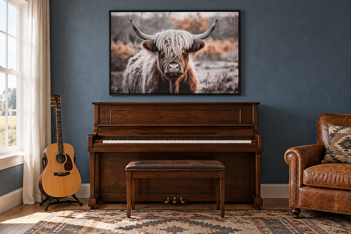 Framed sepia highland cow canvas wall art hanging above a wooden piano in a cozy music room.