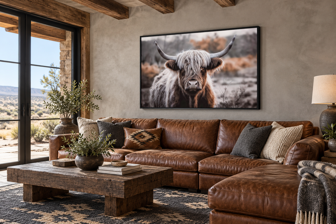 Highland cow photography framed canvas wall art in sepia tones above a brown leather sectional sofa.