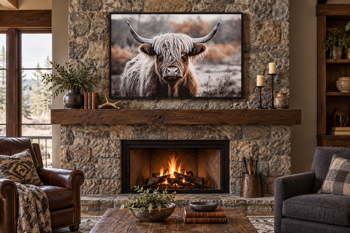 Framed sepia highland cow photography canvas wall art hanging above a rustic stone fireplace.