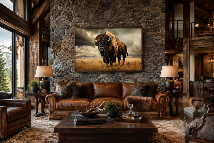 Framed buffalo canvas wall art hanging on a stone wall in a rustic living room with leather sofa.