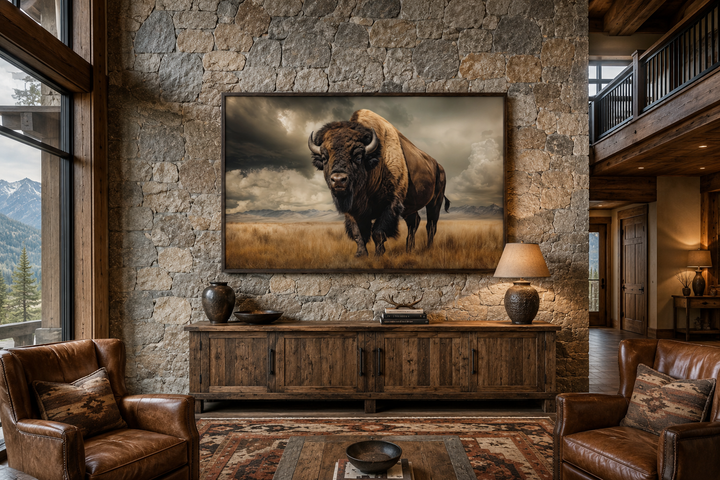 Buffalo in the wild framed canvas wall art displayed on a stone wall in a rustic mountain cabin.