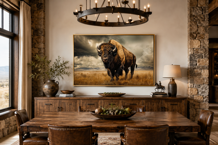 Buffalo in the wild framed canvas wall art above a wooden sideboard in a rustic dining room.