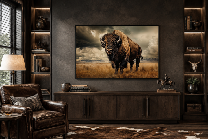 Buffalo in the wild framed canvas wall art in a rustic living room with a leather chair and rug.