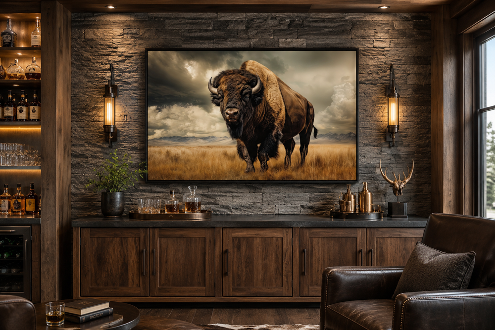 Buffalo in the wild framed canvas wall art displayed above a wooden cabinet in a rustic room.