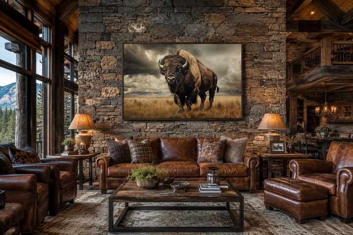 Buffalo in the wild framed canvas wall art above a leather sofa in a rustic mountain cabin living room.