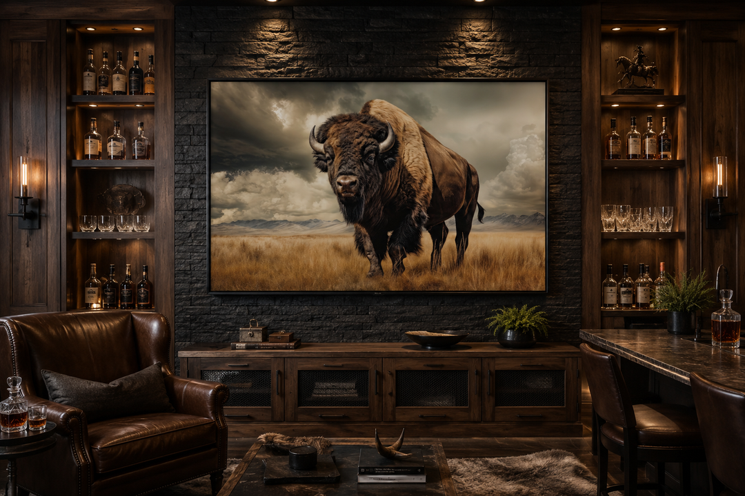 Framed canvas wall art of a buffalo in a wild landscape, hung in a rustic cabin-style room.