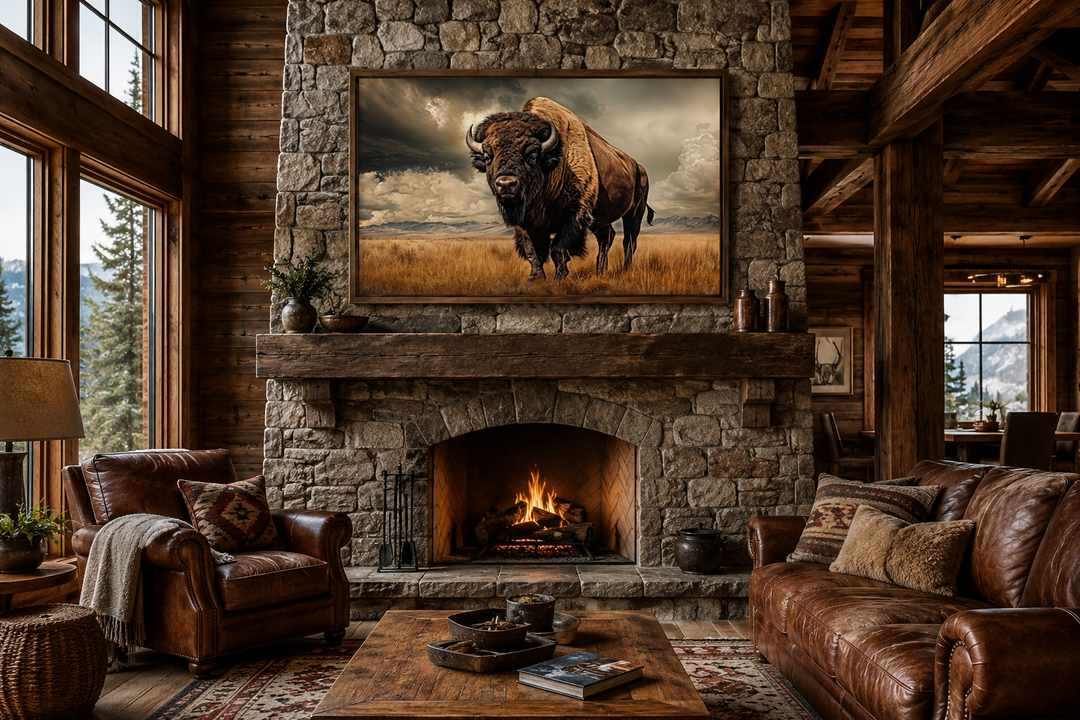 Buffalo in the wild framed canvas wall art hanging above a stone fireplace in a rustic cabin.
