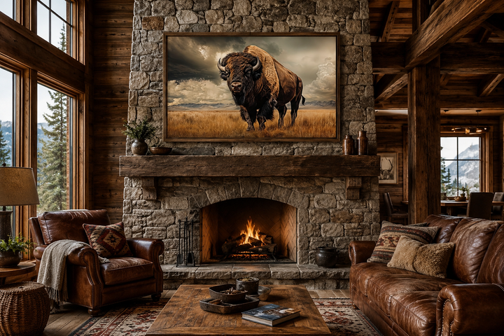 Buffalo in the wild framed canvas wall art hanging above a stone fireplace in a rustic cabin.