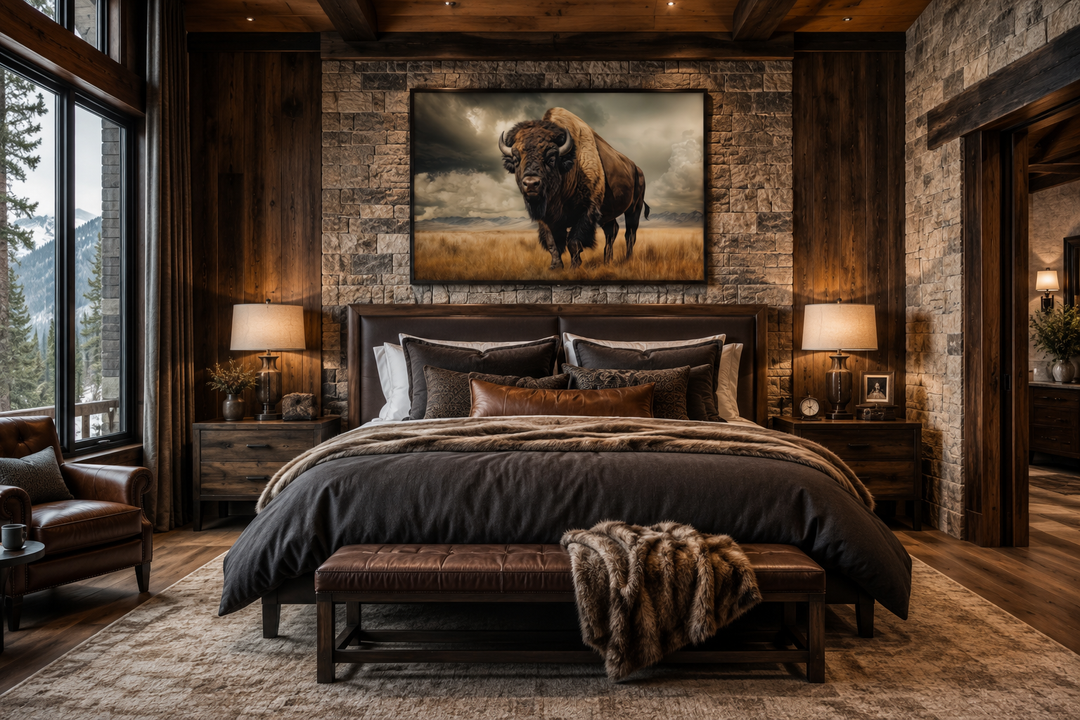 Buffalo in the wild framed canvas wall art hanging above a bed in a rustic mountain cabin bedroom.