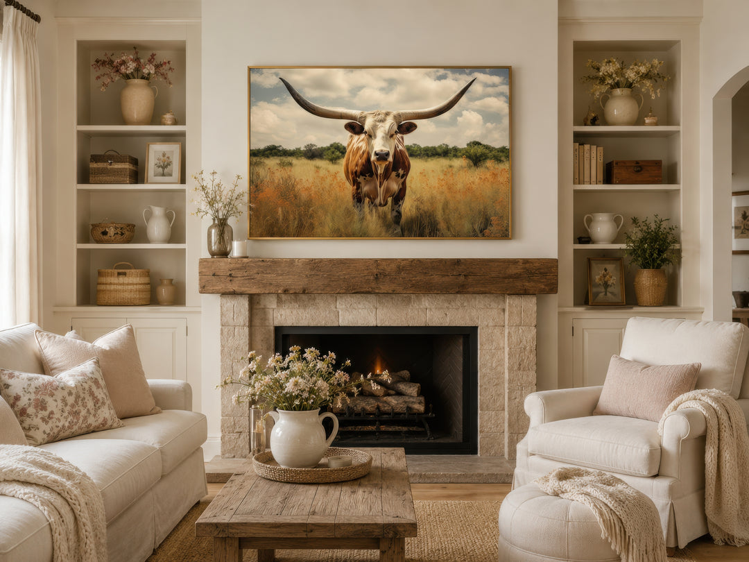 Texas Longhorn cow in a field framed canvas wall art hanging above a fireplace in a living room.
