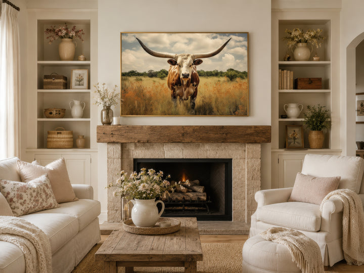 Texas Longhorn cow in a field framed canvas wall art hanging above a fireplace in a living room.