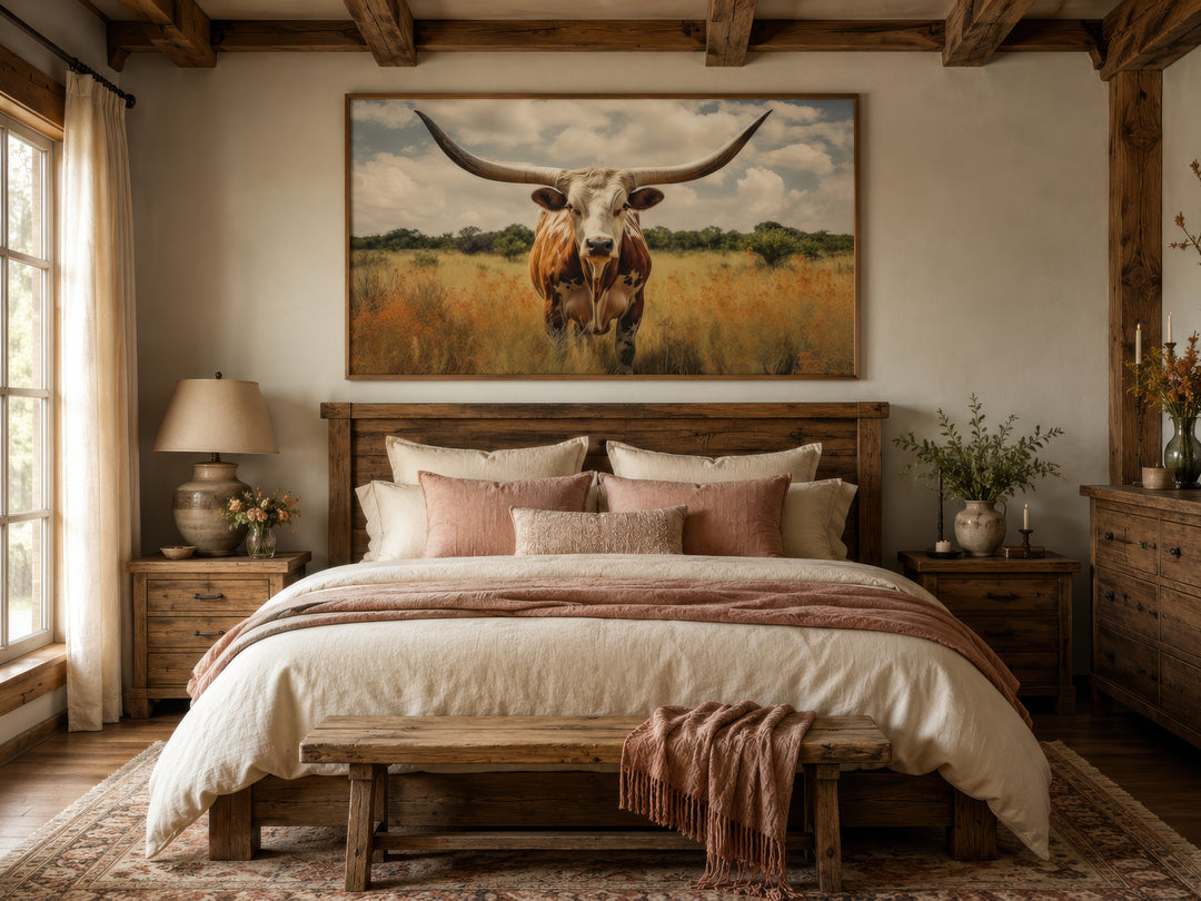 Framed canvas wall art of a Texas Longhorn cow in a field hung above a rustic wooden bed.