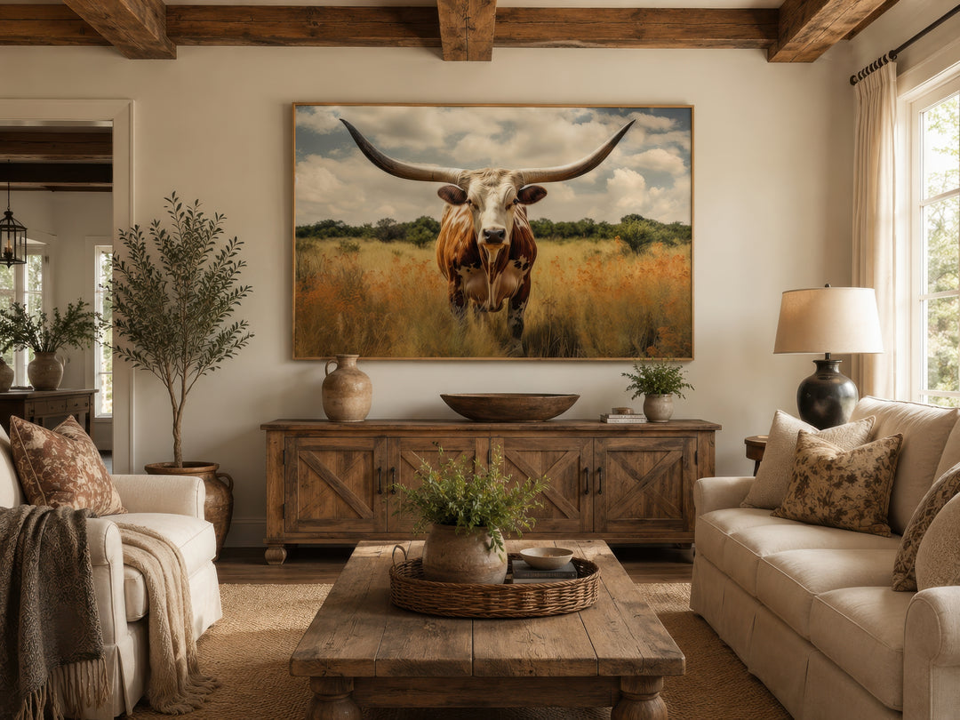 Framed canvas wall art of a Texas Longhorn cow in a field with muted sepia tones.