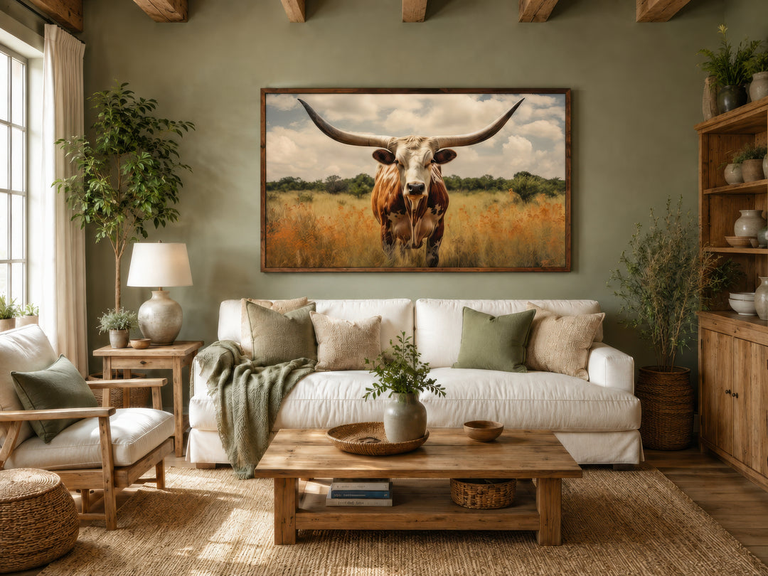 Framed canvas wall art of a Texas Longhorn cow in a field, hung above a white sofa in a living room.