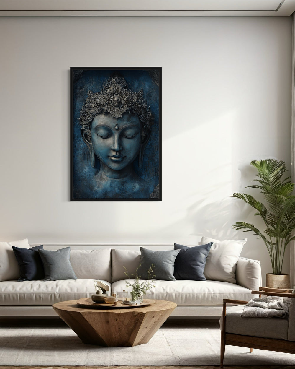 Serene Blue Buddha Painting Framed Canvas Wall Art above couch