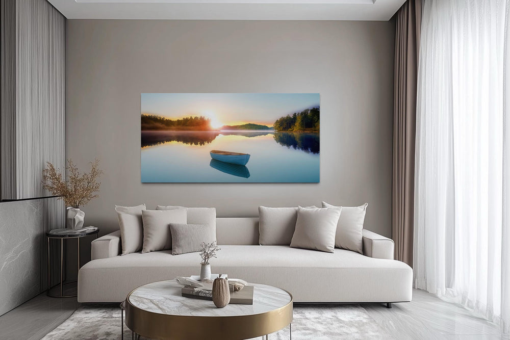 Serene Lake Sunrise With Boat Canvas Wall Art