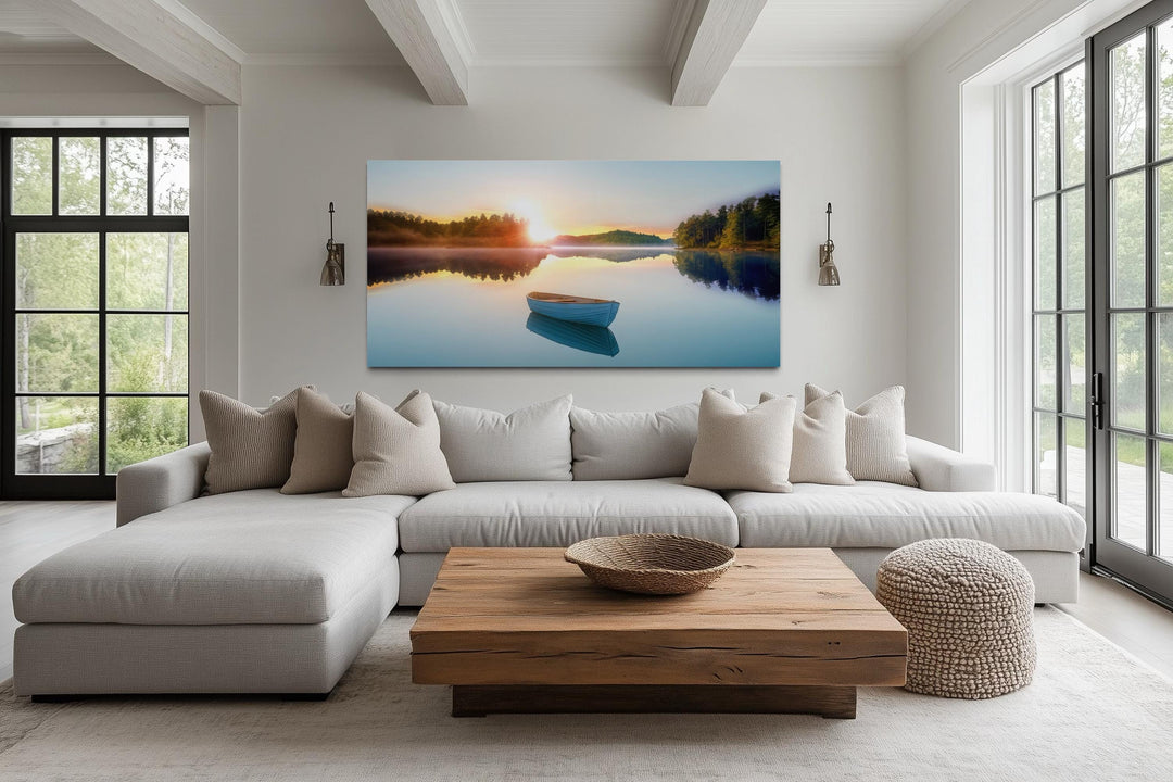 Serene Lake Sunrise With Boat Canvas Wall Art